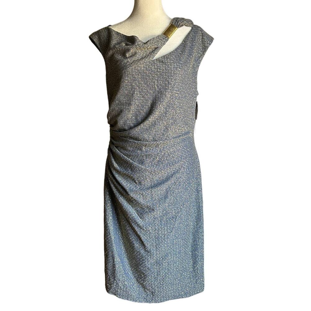 David Meister Gray Midi Sheath Dress with Shoulder Cutout